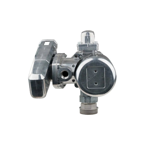 Plug And Play 20 GPM 12 Volt DC Fuel Transfer Pump Portable Diesel Gas Kerosene Rig showing chrome housing and connection ports.