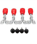 Heavy Duty Shop Ready 4 Piece Metal Toggle Clamps Set with red handles and rubber tips for secure workholding.