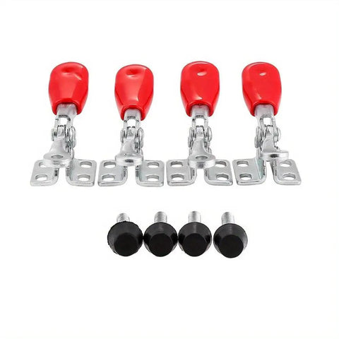 Heavy Duty Shop Ready 4 Piece Metal Toggle Clamps Set with red handles and rubber tips for secure workholding.
