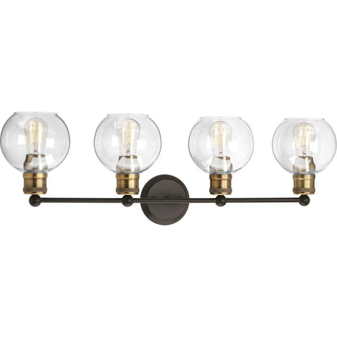 Coastal Four Light Bath Vanity Light With Clear Glass Globes In Antique Bronze Finish, Industrial Modern Style for bathroom use