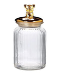 Dead Legit Glass Kitchen Storage Jars With Snap On Lids Hella Sturdy Airtight Containers For Coffee Beans Candy Zero Hassle Countertop Organization Top Shelf Three Piece Pantry Stack in clear glass with a gold pig lid.