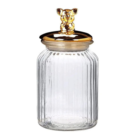 Dead Legit Glass Kitchen Storage Jars With Snap On Lids Hella Sturdy Airtight Containers For Coffee Beans Candy Zero Hassle Countertop Organization Top Shelf Three Piece Pantry Stack in clear glass with a gold pig lid.