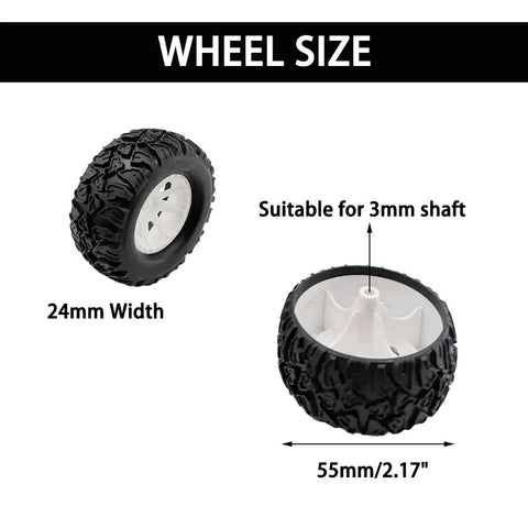 4Pcs RC Car Wheel Set With Rubber Tires And Metal Shaft Axles, Dope 55mm Diameter, 24mm Width, 3mm Shaft shown in image