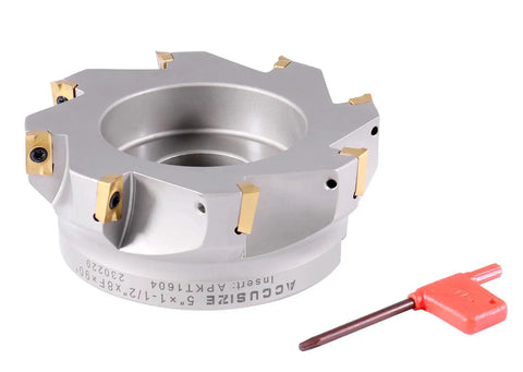 Heavy Duty 5 Inch 90 Degree Square Shoulder Indexable Face Mill With Eight APKT1604 Carbide Inserts Installed, One And One Half Inch Arbor Hole, Two Inch Overall Length, Nickel Plated Body With Secure Screw Down Inserts
