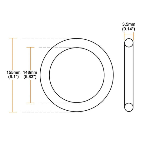 Illustration of Red Silicone O Ring 155mm Outer Diameter 148mm Inner Diameter 3.5mm Cross Section VMQ Seal Gasket For Travel Mugs Drinkware And Food Containers High Temperature Resistance -22F To 392F, showing detailed dimensions from front and side views.