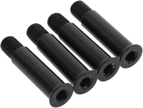 Four black inline skate axle screws in a row, 34mm length, 8mm diameter, part of Eight Pack Inline Skate Axle Screws For Wheel Fastening Heavy Duty Aluminum Alloy Replacement Parts 34mm Length 8mm Diameter Easy Install For Rollerblades And Inline Skates.