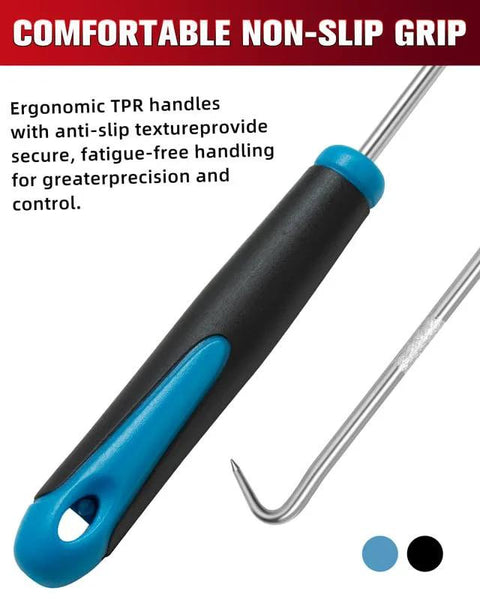 Hook tool from 4-piece automotive hook and pick set; blue and black ergonomic handle, curved steel hook