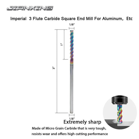 JIANXING 1/8in extra-long carbide square end mill, 3in overall length, 3-flute, DLC-coated for aluminum/copper/plastic (1 piece)