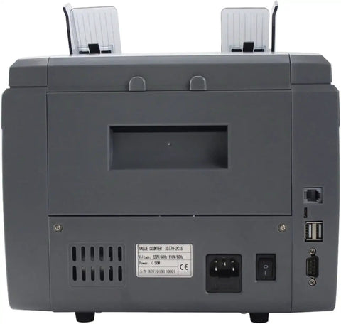 Hassle Free Multi Currency Money Counter Machine With Advanced Cis Sensor Authentication showing back view with power and output ports.