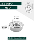 10-24 UNC Serrated Flange Hex Lock Nuts In Durable 304 Stainless Steel with diameter and height dimensions displayed