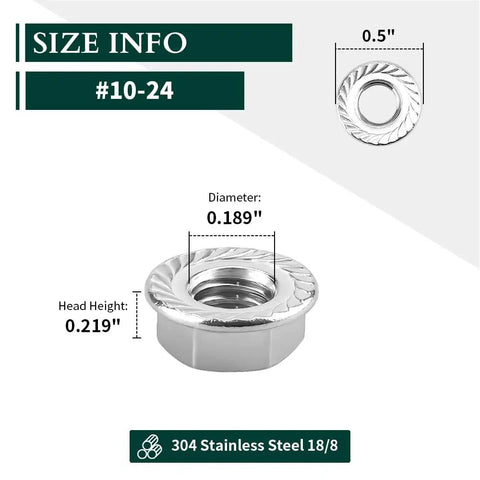 10-24 UNC Serrated Flange Hex Lock Nuts In Durable 304 Stainless Steel with diameter and height dimensions displayed