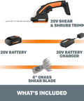 2 In 1 Cordless Hedge Trimmer with 4 Inch Grass Shear and 8 Inch Shrub Trimmer, battery, charger, and blades for quick yard cleanup