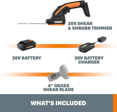 2 In 1 Cordless Hedge Trimmer with 4 Inch Grass Shear and 8 Inch Shrub Trimmer, battery, charger, and blades for quick yard cleanup