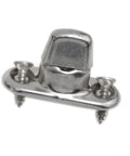 Close-up of stainless steel marine twist-lock fastener with oval mounting plate and two screws