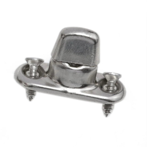 Close-up of stainless steel marine twist-lock fastener with oval mounting plate and two screws