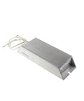 Side view of aluminum-cased high-power resistor with ribbed heatsink and white leads, 200W 5 ohm