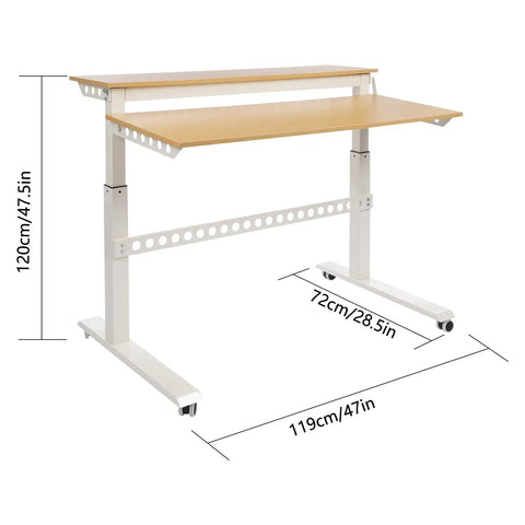 Heavy Duty Dual Tier Standing Desk With Smooth Crank Lift Tough Locking Wheels And Roomy Carbon Steel Desktop For Home Office showing measurements and design.