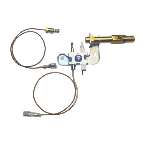 Pilot assembly for Portable Buddy propane heater; front view showing metal valve body, brass nozzle, and copper tubing.