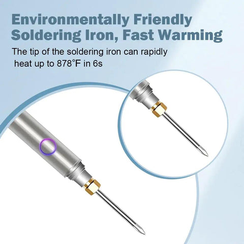 Close-up of Cordless Soldering Iron Kit With 1100mAh USB Battery, showing heating tip reaching 878°F for fast repairs.