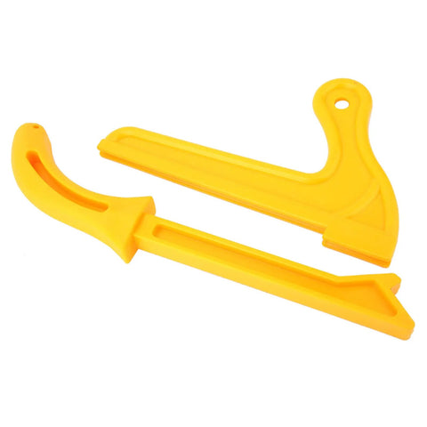 Two yellow plastic push sticks with ergonomic handles for precise cuts, part of Yellow Plastic Push Stick Safety Push Block Two Pack.