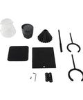 Premium 6 Piece Manual Brewing Station Featuring Rock Solid Aluminum Alloy Stand Clear Heat Resistant Glass Mugs And Precision Ceramic Pour Over Filter For Your Everyday Coffee Routine includes glass pitcher, black cup, filter cone, and accessories.