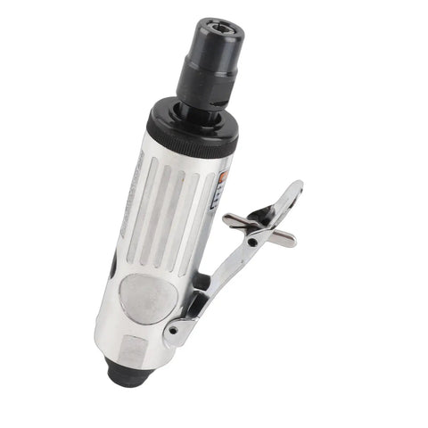 Heavy Duty Pneumatic Die Grinder With Lightweight Air Powered Build For Quick Cut And Detail Work In Tight Fits Featuring High RPM Spin And Rock Solid Quarter Inch Collet Grip Smooth Handle Layout For All Day Grind, close-up view.
