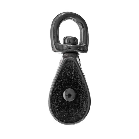 Top view of Swivel Steel Wheel Pulley For Rope And Cable Guiding, Three Quarters Inch Sheave Height, Die Cast Nickel Plated