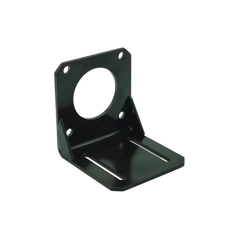 Black steel NEMA 23 motor mounting bracket with circular mounting hole and slotted base
