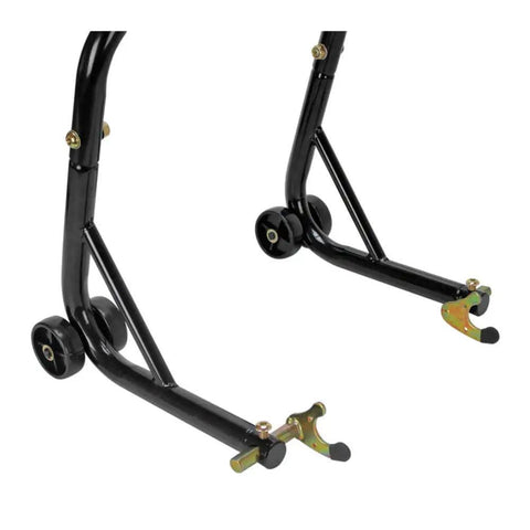 Sport Bike Front And Rear Lift Stand With Spool Style And Triple Tree Attachment, Fork Cradle Or Headlift Design, shown close-up