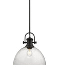 Hines Pendant Light in Matte Black with Seeded Glass Shade, dope transitional ceiling fixture for kitchen island or dining room