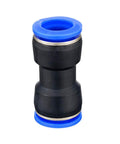 Push-to-connect straight union tube fitting, 4mm OD x 4mm OD, black plastic body with blue end rings
