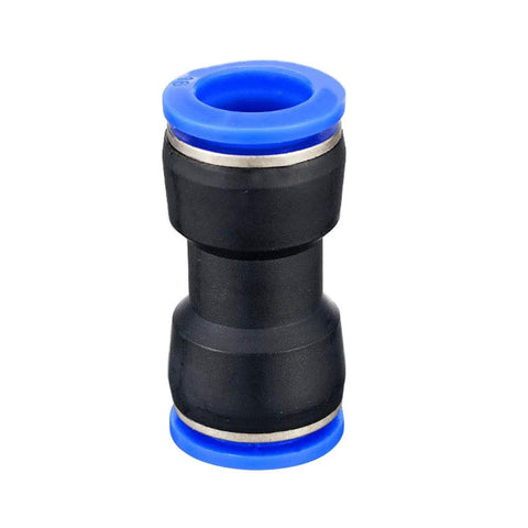 Push-to-connect straight union tube fitting, 4mm OD x 4mm OD, black plastic body with blue end rings
