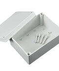 ABS plastic outdoor waterproof junction box with lid, 80x130x70 mm, interior shown with four cable gland fittings.