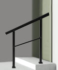 Badass Built Adjustable Stair Handrail Heavy Duty Zinc Steel Safety Railing With Sanded Finish and Mounting Hardware For Outside Steps and Porches Quick Bolt Up Setup, black railing on outdoor step.