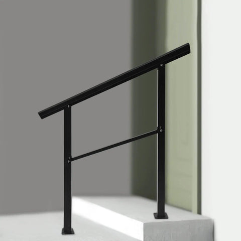 Badass Built Adjustable Stair Handrail Heavy Duty Zinc Steel Safety Railing With Sanded Finish and Mounting Hardware For Outside Steps and Porches Quick Bolt Up Setup, black railing on outdoor step.