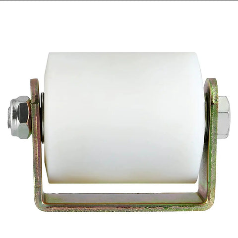 Side view of UHMW nylon gate roller with C bracket, part of Two Pack Slide Gate Guide Roller For 3 Inch Gates, Nylon Gate Roller With C Bracket.