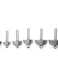 Pro Grade Six Piece Cove Router Bit Set With Quarter Inch Shank, steel bits for woodworking, varying concave shapes.
