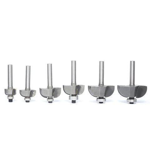 Pro Grade Six Piece Cove Router Bit Set With Quarter Inch Shank, steel bits for woodworking, varying concave shapes.