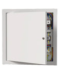 Heavy Duty Aluminum Access Door With Key Lock Tough As Nails Drywall Access Panel For Ceiling And Wall Maintenance Galvanized Steel Core with opened door exposing wiring.