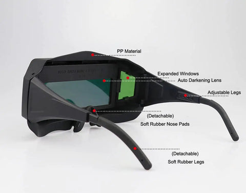Side view of Solar Powered Auto Darkening Welding Glasses With Wide Shade For Tight Spaces Lightweight Safety Goggles.
