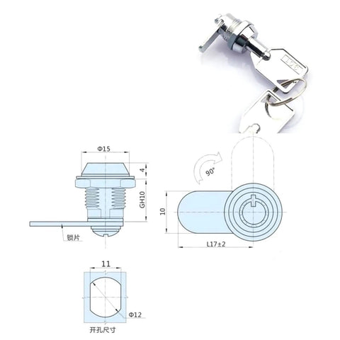 Technical diagram and keys for Mini Cabinet Lock With Tubular Cam Mechanism, Rugged Zinc Alloy Latch For Secure Closure.