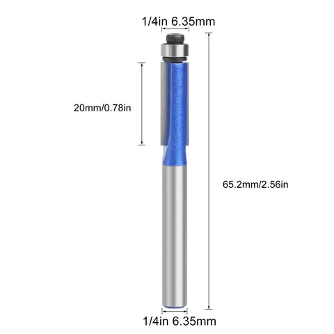 Top Bearing Flush Trim Router Bit 1/4 Inch Shank Nanometer Blue Coating For Woodworking Trimming High Heat Resistance tool dimensions displayed