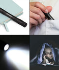 Ultra Compact Led Pen Light With Clip Five Pack Mini Flashlights shown in notebook, pocket, beam on, and used for reading.