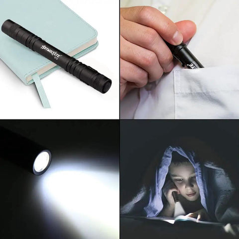 Ultra Compact Led Pen Light With Clip Five Pack Mini Flashlights shown in notebook, pocket, beam on, and used for reading.