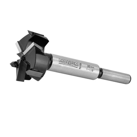 Top Shelf 35mm Carbide Forstner Drill Bit With Triple Flute Design angled view, 35mm cutter, ideal for hardwood boring.