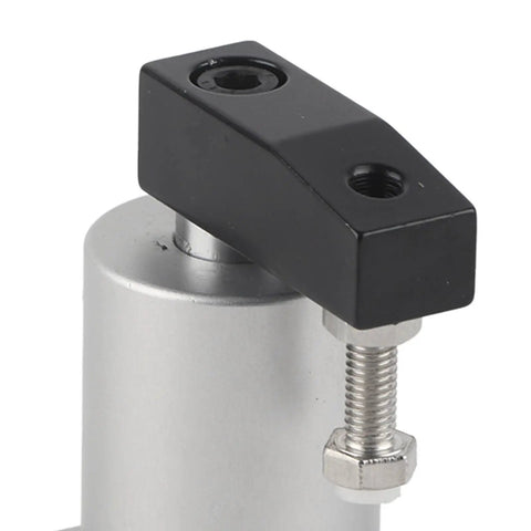 Close-up of Rotary Air Pneumatic Cylinder With 90 Degree Angle For Compound Action, black bracket and silver body shown