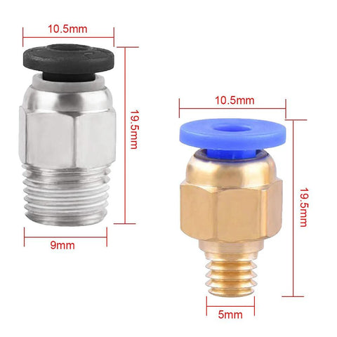 Front view: Two PC4 push-fit 3D printer fittings: silver M6 with black cap and brass M10 with blue cap