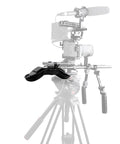 Steady Shoulder Mount And Pad For DSLR Camcorders And DV Cameras With 15mm Rail System shown in setup on tripod