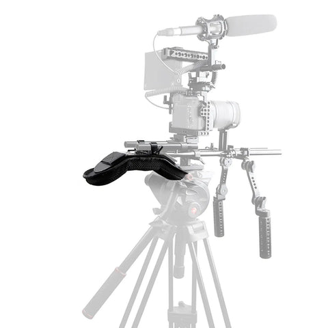 Steady Shoulder Mount And Pad For DSLR Camcorders And DV Cameras With 15mm Rail System shown in setup on tripod