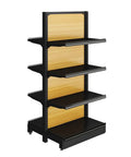 Heavy Duty Four Tier Metal Shelving Unit With Tough As Nails Steel Frame And Resilient Wood Shelves For Clutter Free Garages And Slick Retail Store Displays - black frame with wood shelves.